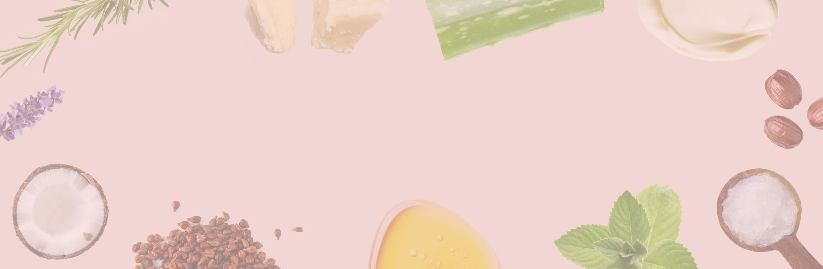 Pale pink background with images of natural ingredients like coconut, aloe and jojoba