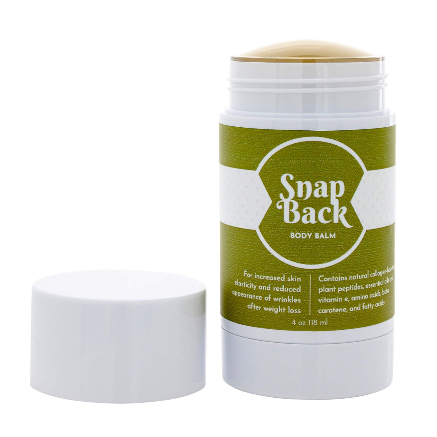 Front image of snap back body balm with the lid off and top of product showing