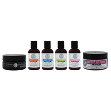 Load image into Gallery viewer, Front image of all butter me up products including healthy edges smoothing gel, mini curl ease styling lotion, mini tlc replenishing conditioner, mini go-2 hydrating milk, mini clean curls cleanser and small twist and curl butter