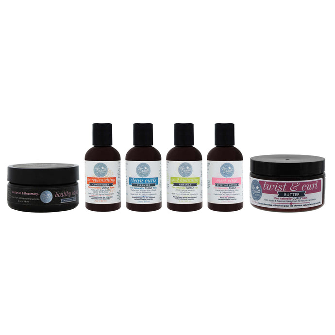 Front image of all butter me up products including healthy edges smoothing gel, mini curl ease styling lotion, mini tlc replenishing conditioner, mini go-2 hydrating milk, mini clean curls cleanser and small twist and curl butter